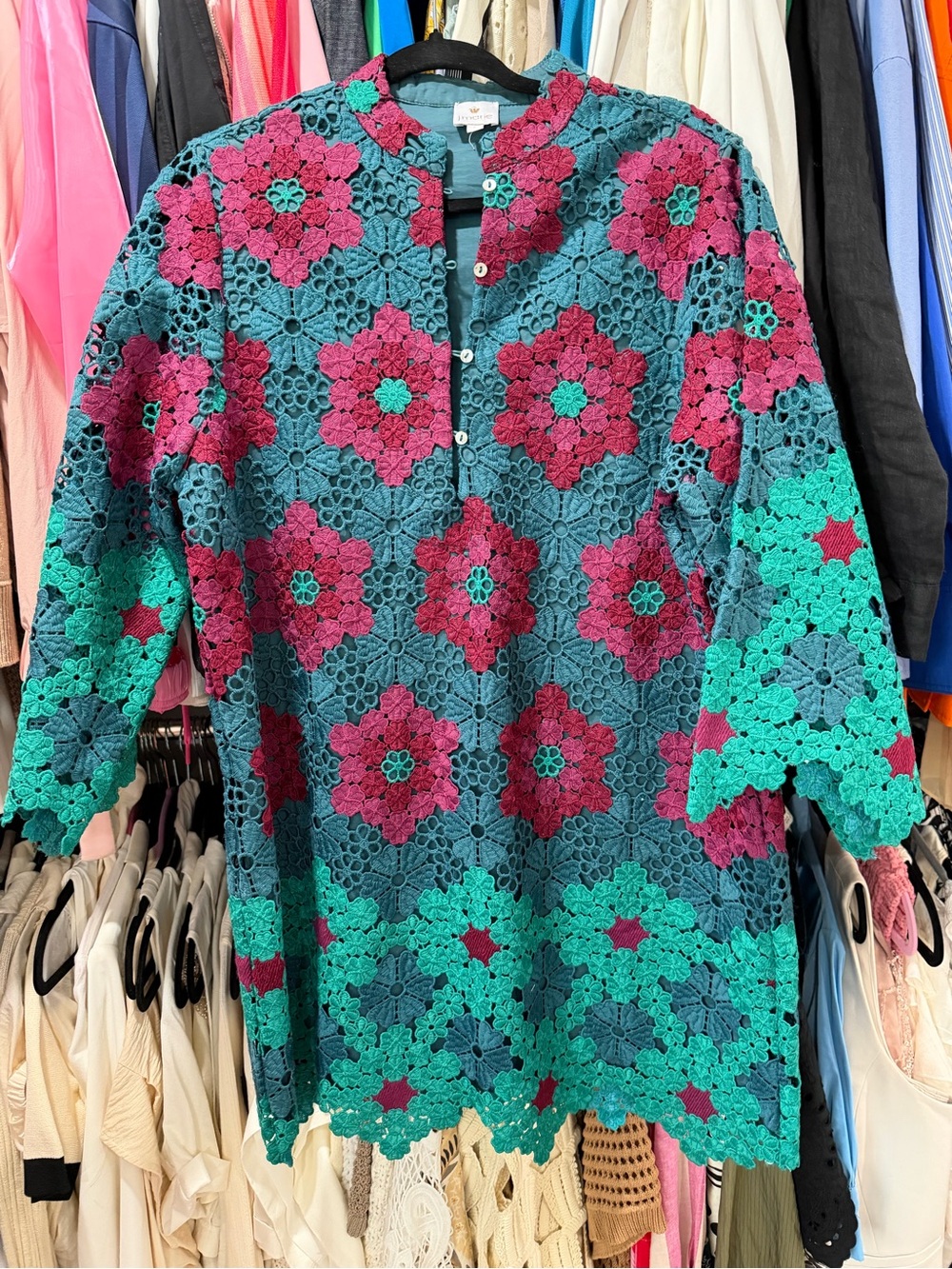 Crochet Floral Mini Dress in Teal, Fuchsia & Turquoise
